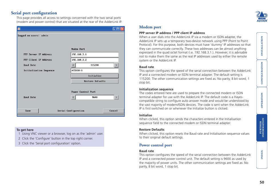 Serial port configuration, Modem port, Power control port | 50 power control port, Switch box(es) - see | Adder Technology AdderLink IP User Manual | Page 51 / 64