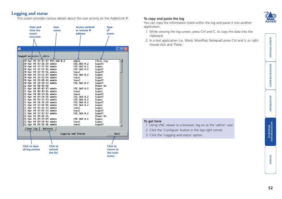 Logging and status | Adder Technology AdderLink IP User Manual | Page 53 / 64