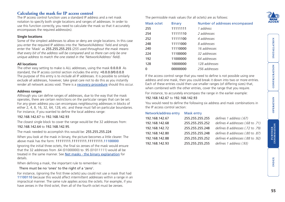 Calculating the mask for ip access control, Mask, And select the appr | Adder Technology AdderLink IP User Manual | Page 56 / 64
