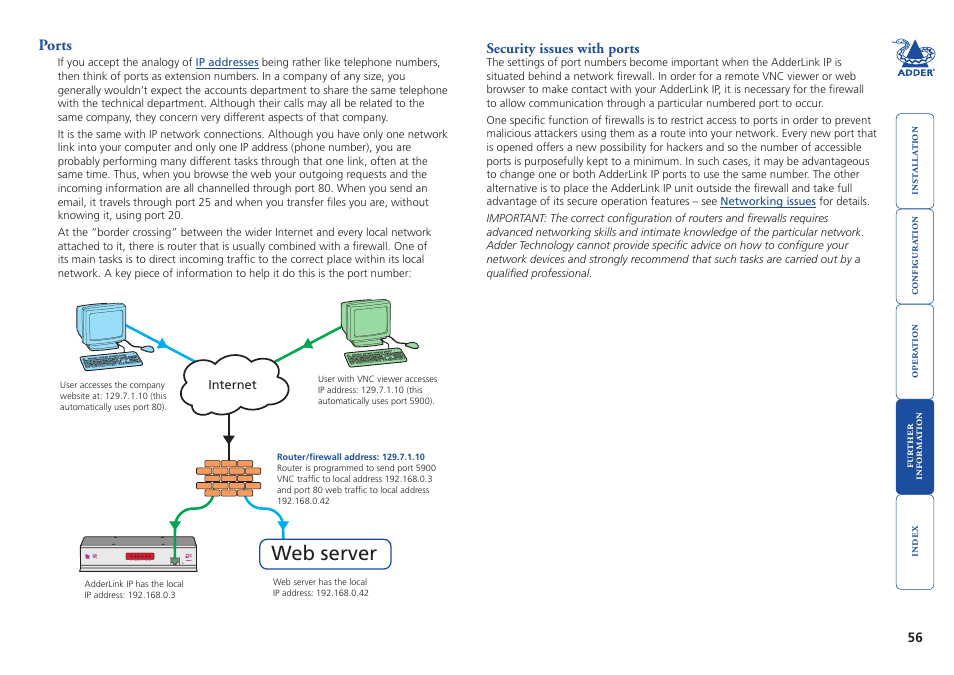 Ports, Security issues with ports, D, the adderlink ip uses two | What is a port, Security issues, With ports, For mor, Web server | Adder Technology AdderLink IP User Manual | Page 57 / 64