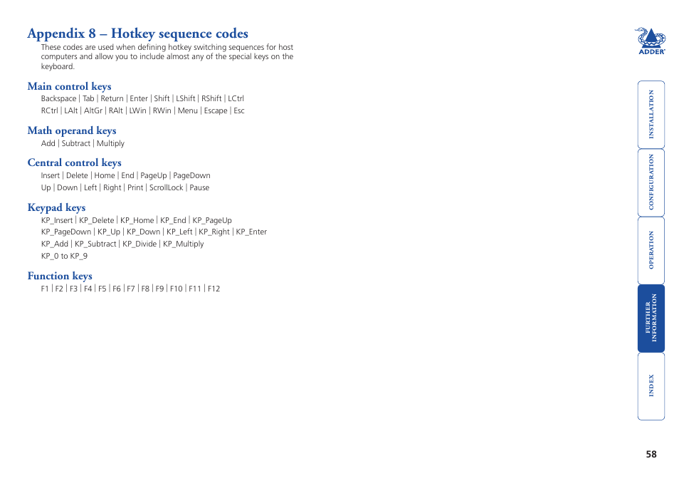 Appendix 8 – hotkey sequence codes, Appendix 8, Hotkey sequence codes | Adder Technology AdderLink IP User Manual | Page 59 / 64