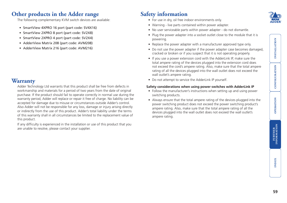 Other products in the adder range, Warranty, Safety information | Other products in the adder range warranty, 59 safety information | Adder Technology AdderLink IP User Manual | Page 60 / 64
