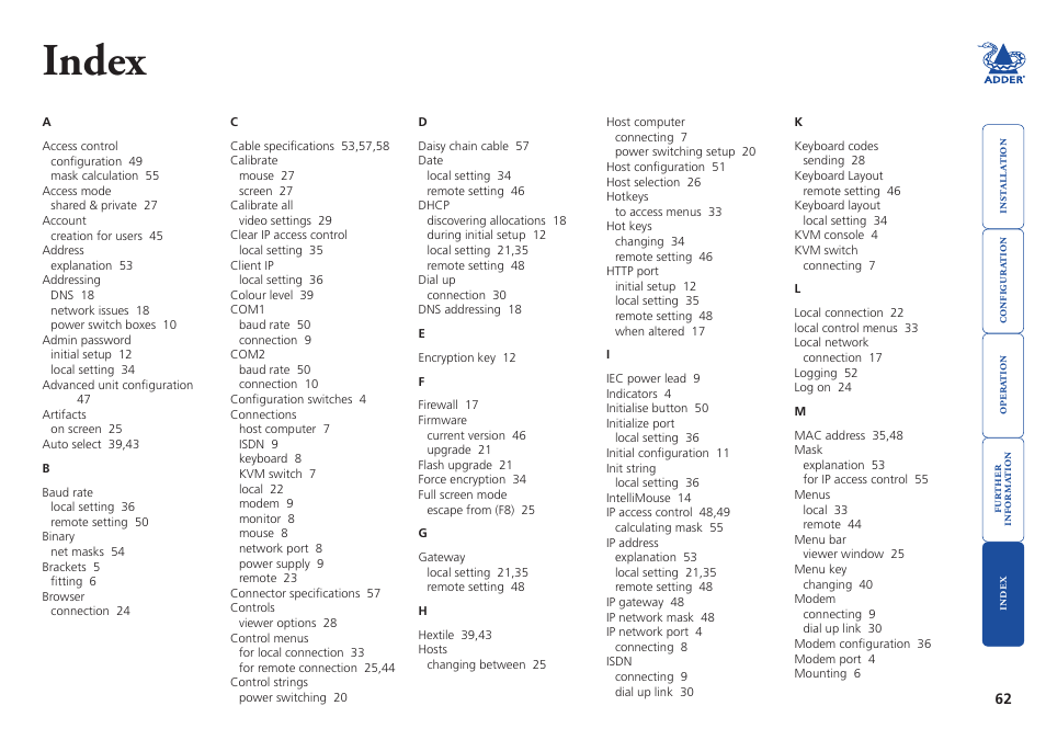 Index | Adder Technology AdderLink IP User Manual | Page 63 / 64