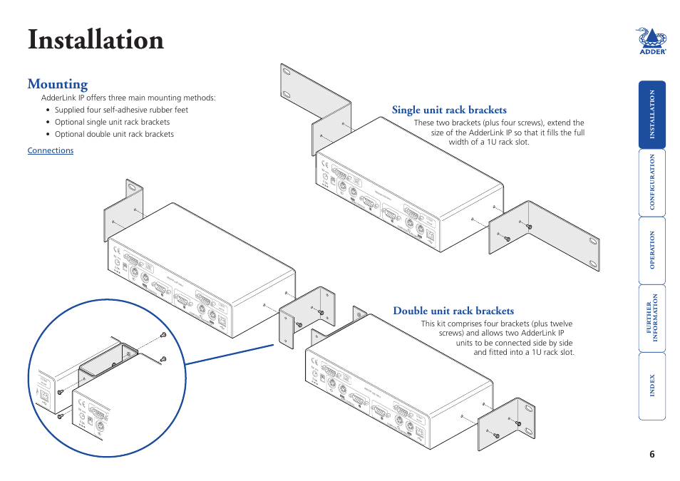 Installation, Mounting, Single unit rack brackets | Double unit rack brackets, 12 on | Adder Technology AdderLink IP User Manual | Page 7 / 64
