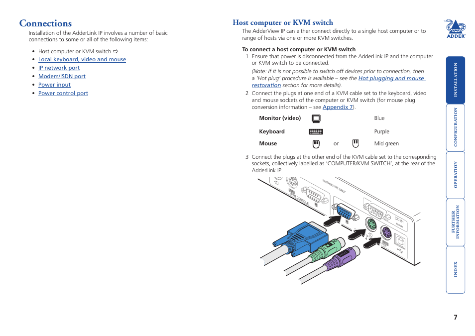 Connections, Host computer or kvm switch | Adder Technology AdderLink IP User Manual | Page 8 / 64