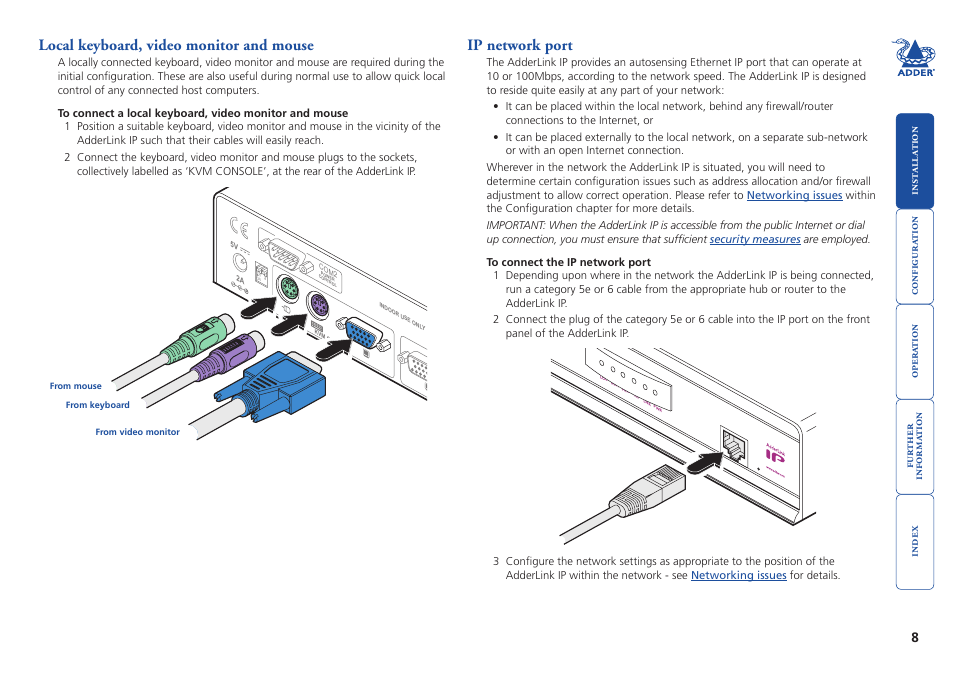Local keyboard, video monitor and mouse, Ip network port, 8 ip network port | Local keyboard, video and mouse | Adder Technology AdderLink IP User Manual | Page 9 / 64