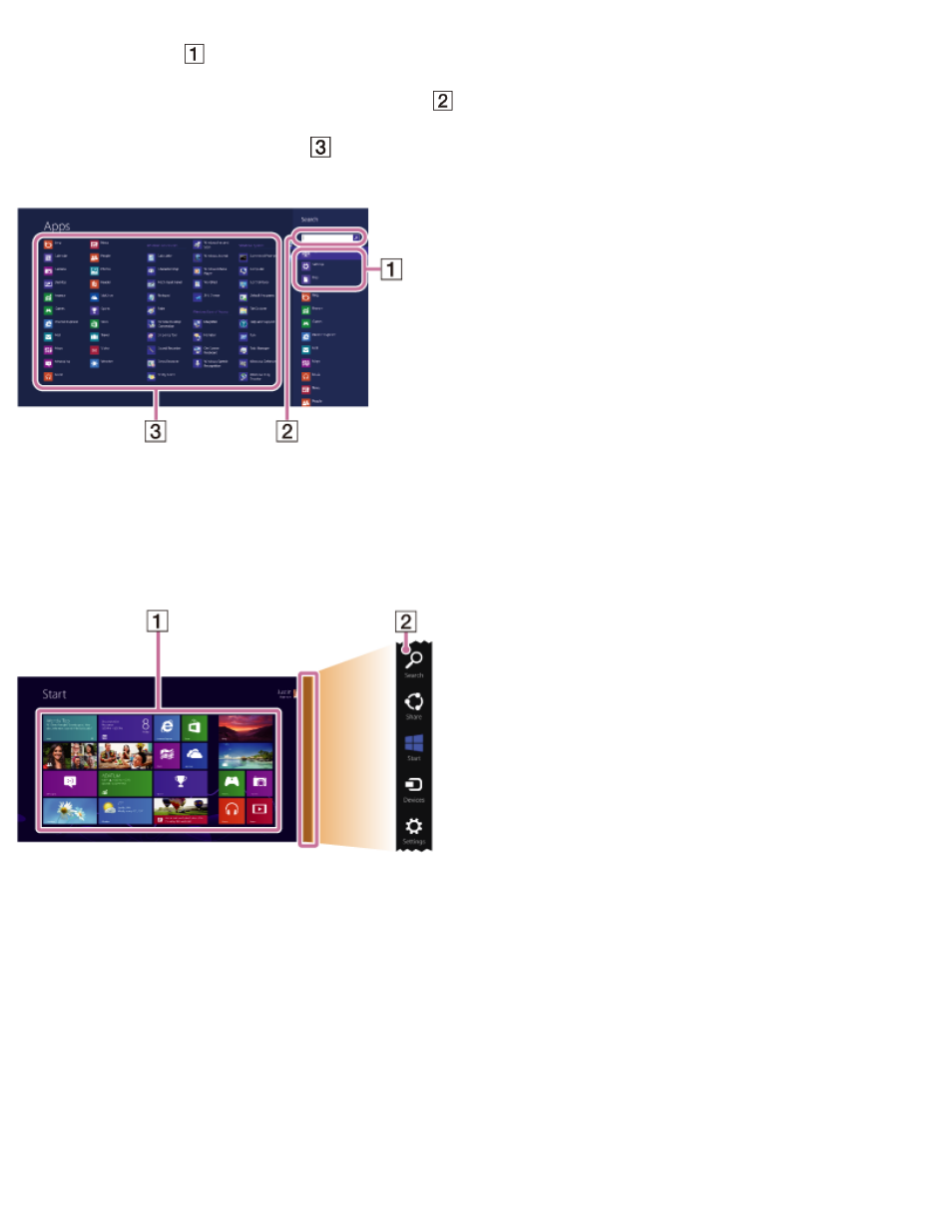 About the start screen and menu, Overview to open the start screen | Sony SVT212190X User Manual | Page 37 / 233