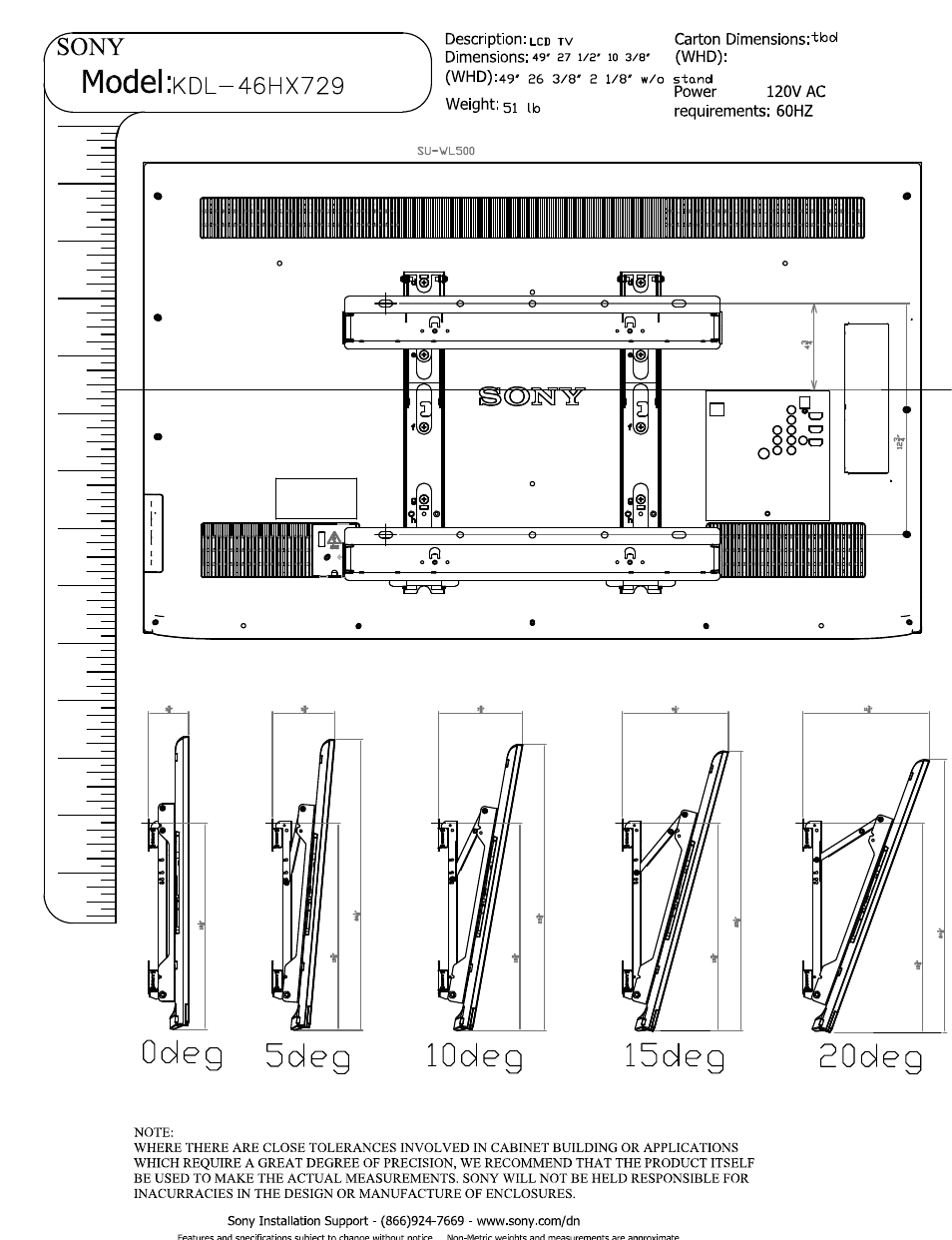 Sony, Power, Weight: 51 ib | Model | Sony KDL-46HX729 User Manual | Page 3 / 3