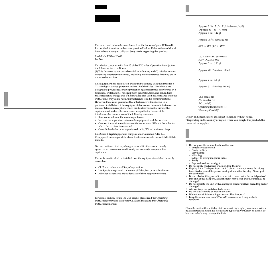 保証書とアフターサービス, Before use, Specifications | Warning, アフターサービス | Sony PEGA-UC600 User Manual | Page 2 / 2