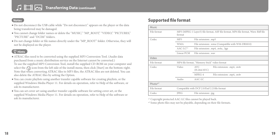 Supported file format, 19 transferring data | Sony NWZ-A816PNK User Manual | Page 10 / 16