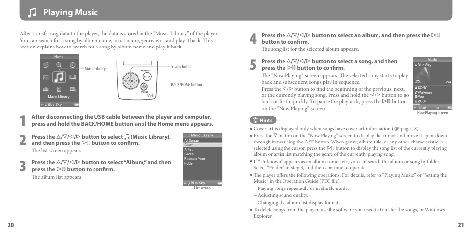 Playing music | Sony NWZ-A816PNK User Manual | Page 11 / 16