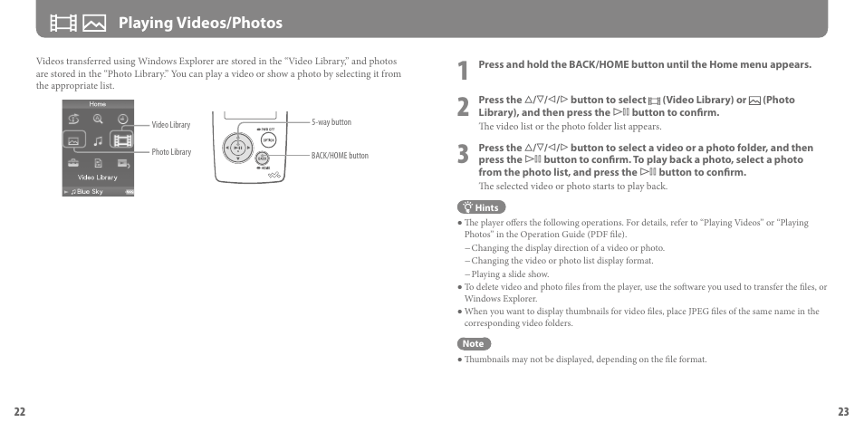 Playing videos/photos | Sony NWZ-A816PNK User Manual | Page 12 / 16