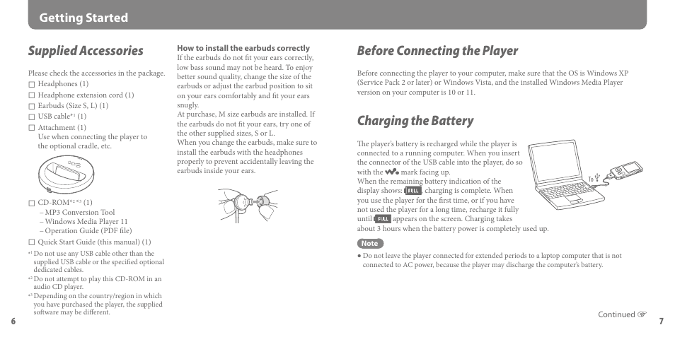 Getting started, Supplied accessories, Before connecting the player | Charging the battery | Sony NWZ-A816PNK User Manual | Page 4 / 16