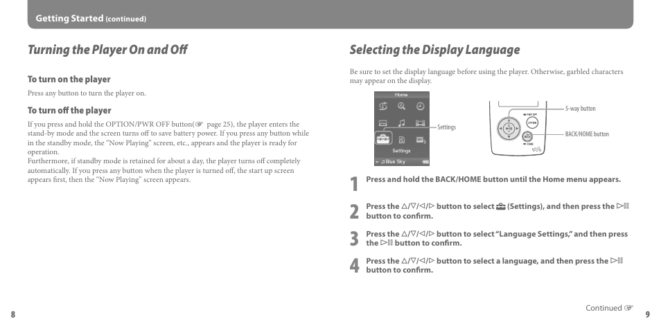 Turning the player on and off, Selecting the display language | Sony NWZ-A816PNK User Manual | Page 5 / 16