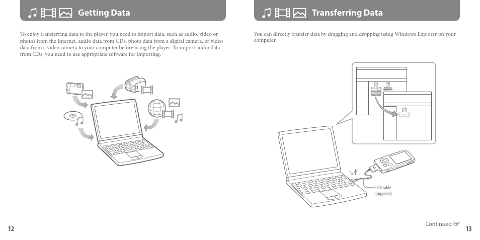 Getting data, Transferring data, Getting data transferring data | Sony NWZ-A816PNK User Manual | Page 7 / 16