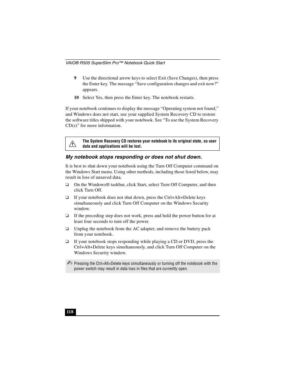 My notebook stops responding or does not shut down | Sony PCG-R505DLP User Manual | Page 118 / 149