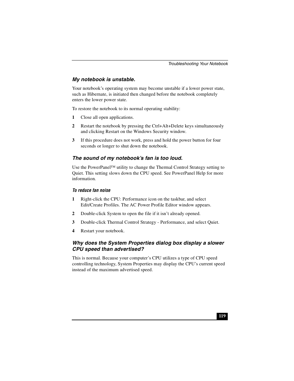 My notebook is unstable, The sound of my notebook’s fan is too loud | Sony PCG-R505DLP User Manual | Page 119 / 149