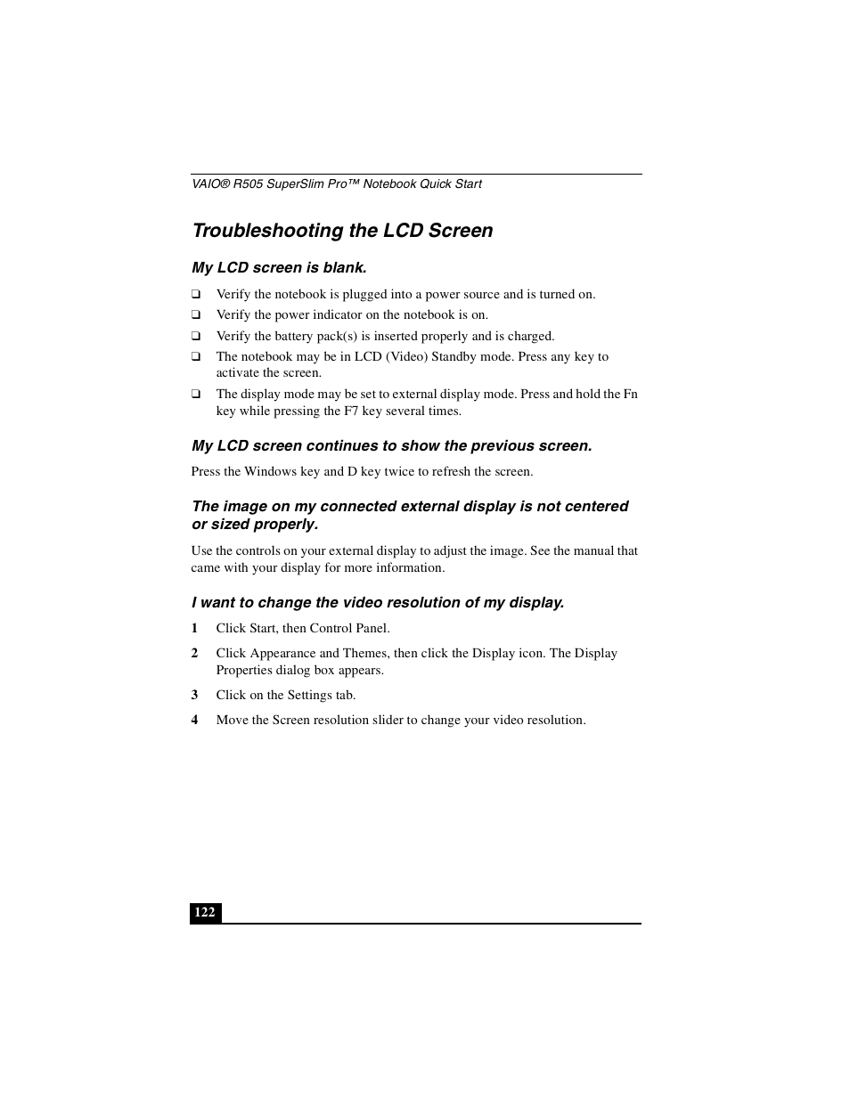 Troubleshooting the lcd screen, My lcd screen is blank | Sony PCG-R505DLP User Manual | Page 122 / 149