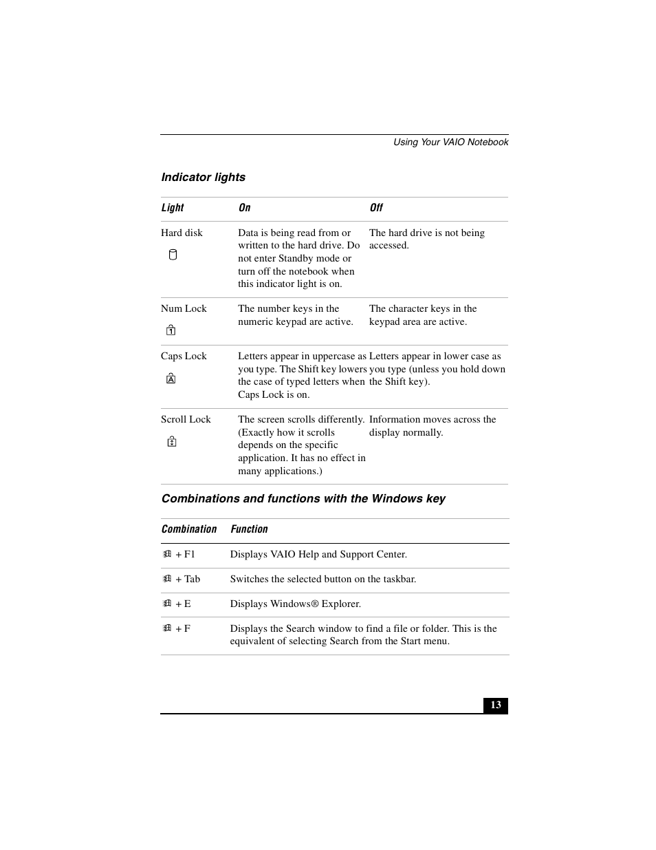 Indicator lights, Combinations and functions with the windows key | Sony PCG-R505DLP User Manual | Page 13 / 149