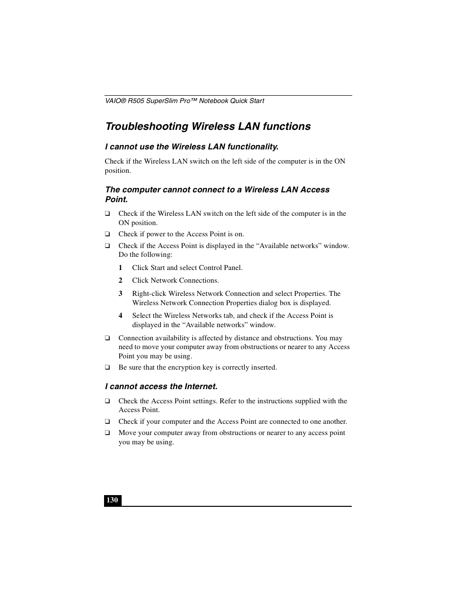 Troubleshooting wireless lan functions, I cannot use the wireless lan functionality, I cannot access the internet | Sony PCG-R505DLP User Manual | Page 130 / 149