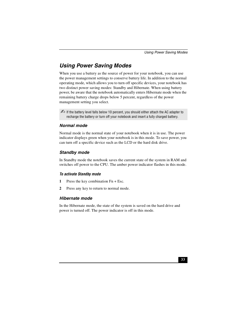 Using power saving modes, Normal mode, Standby mode | Hibernate mode, Normal mode standby mode hibernate mode | Sony PCG-R505DLP User Manual | Page 33 / 149