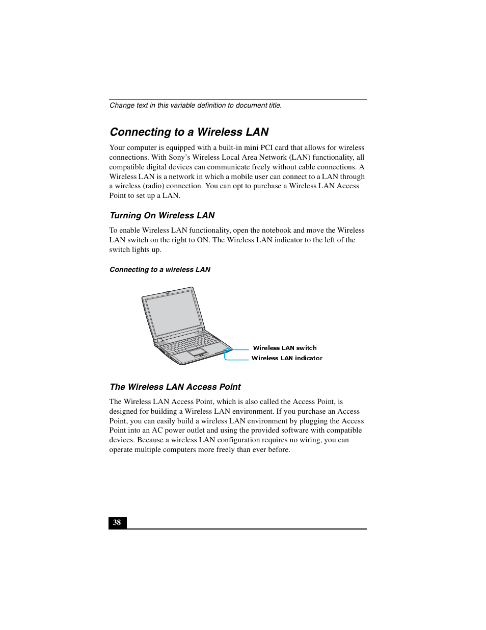 Connecting to a wireless lan, Turning on wireless lan, The wireless lan access point | Sony PCG-R505DLP User Manual | Page 38 / 149