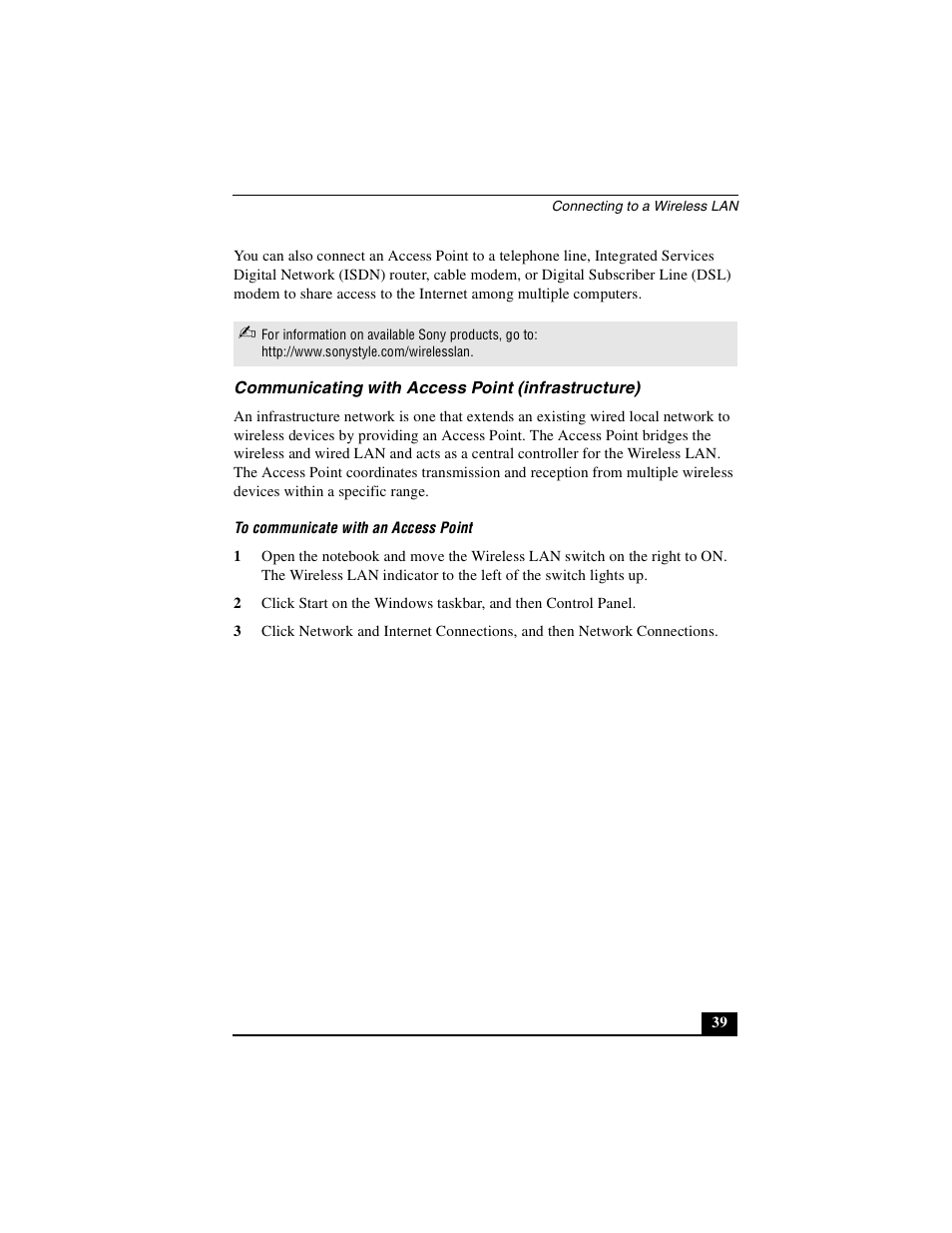 Communicating with access point (infrastructure) | Sony PCG-R505DLP User Manual | Page 39 / 149