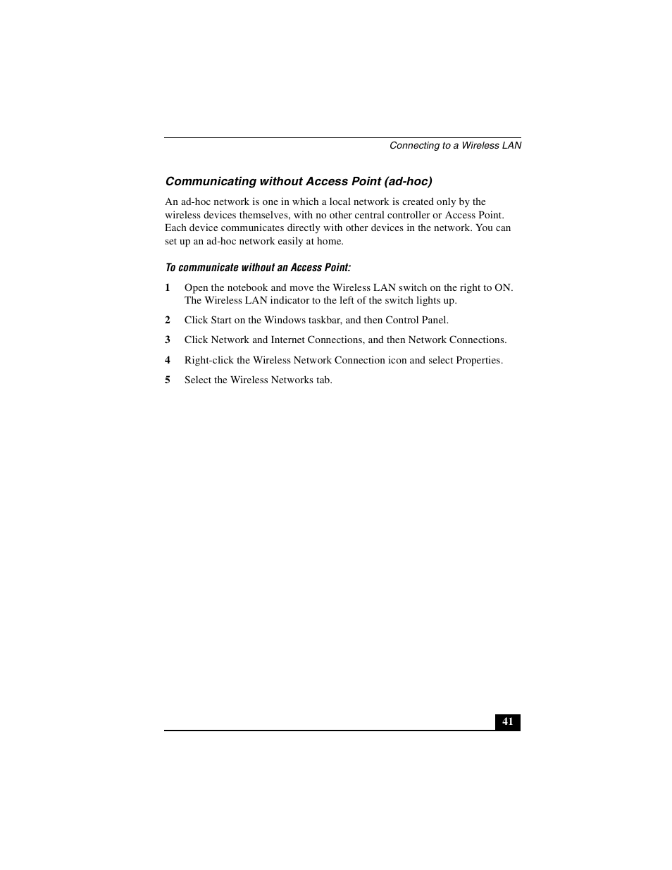 Communicating without access point (ad-hoc) | Sony PCG-R505DLP User Manual | Page 41 / 149