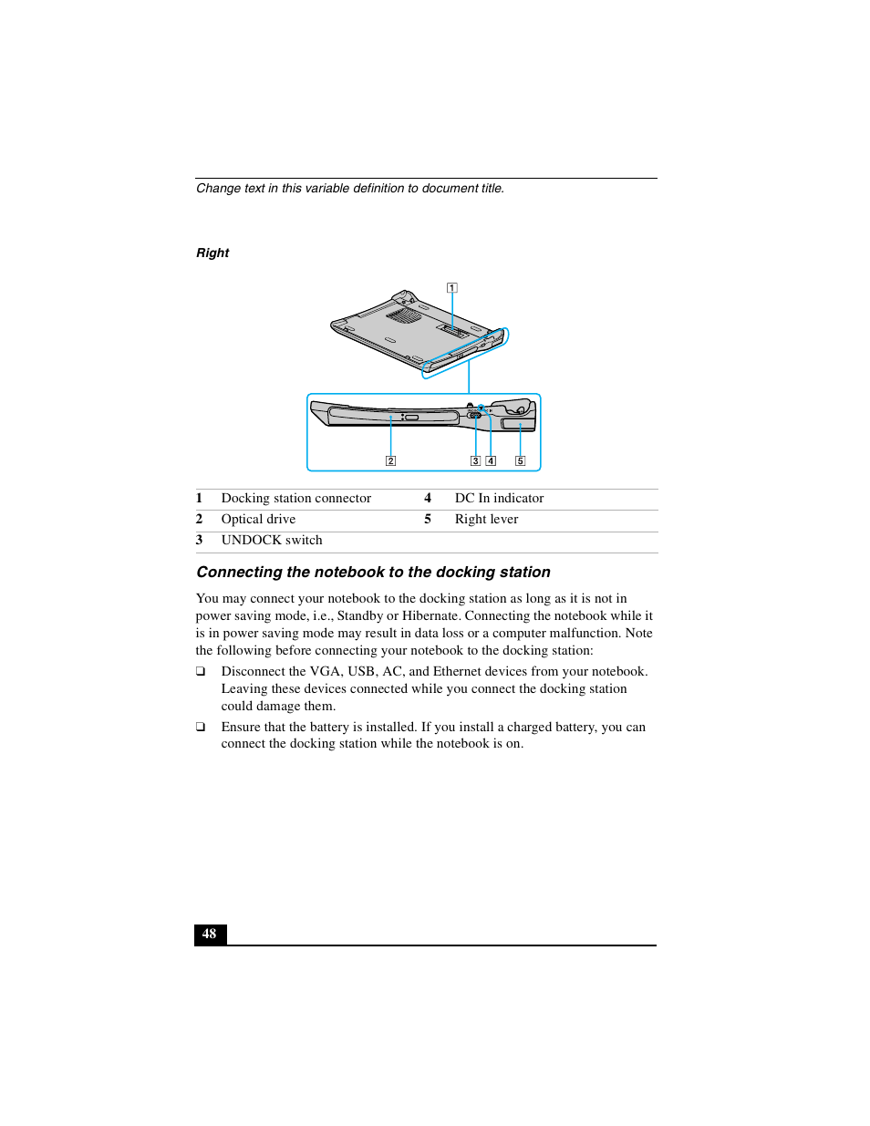 Connecting the notebook to the docking station | Sony PCG-R505DLP User Manual | Page 48 / 149