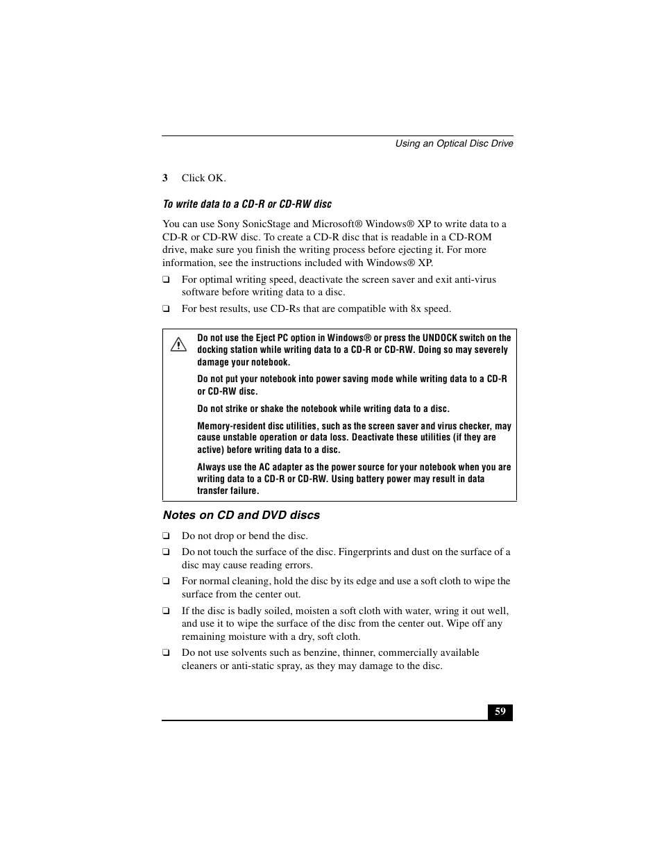 Notes on cd and dvd discs | Sony PCG-R505DLP User Manual | Page 59 / 149