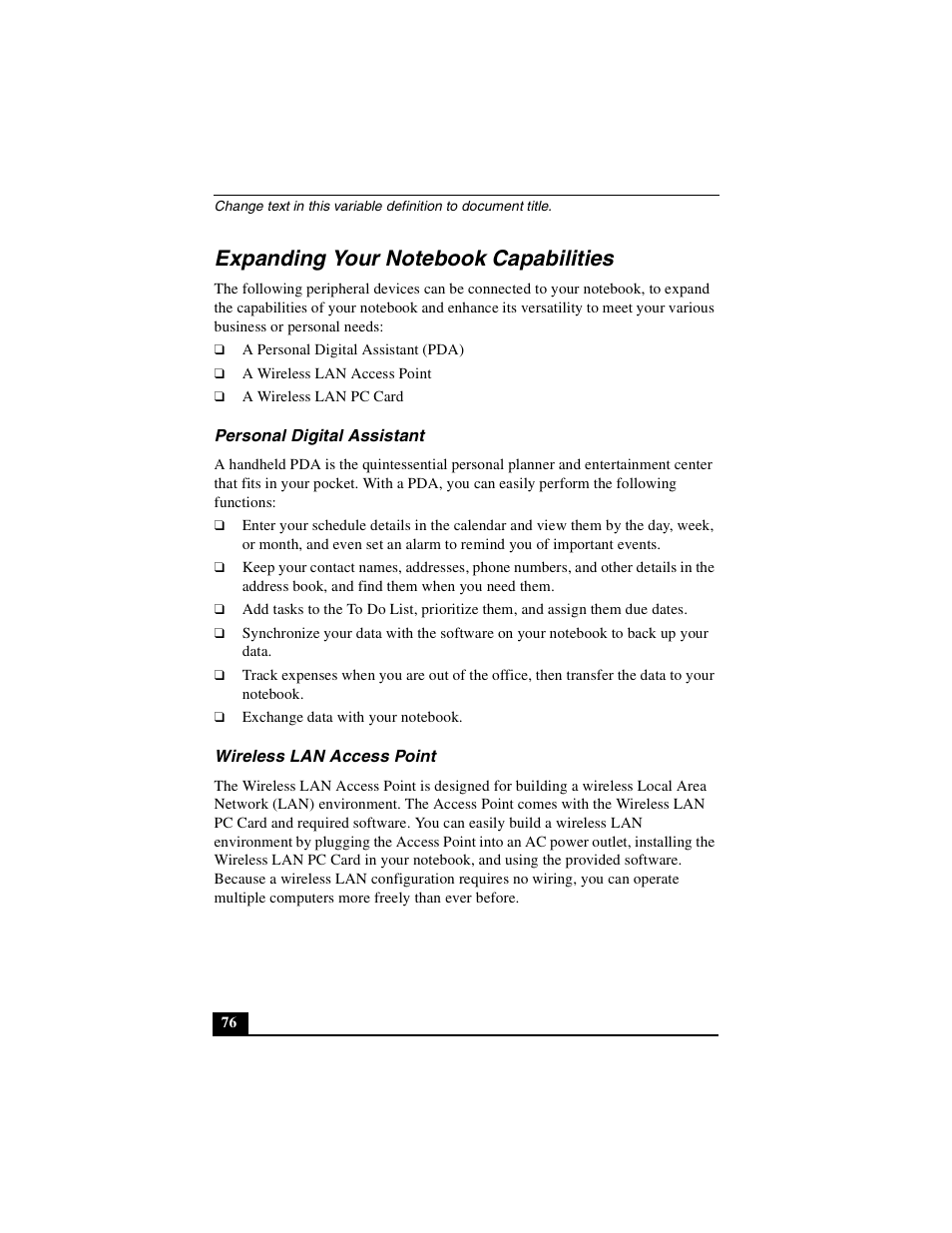 Expanding your notebook capabilities, Personal digital assistant, Wireless lan access point | Sony PCG-R505DLP User Manual | Page 76 / 149