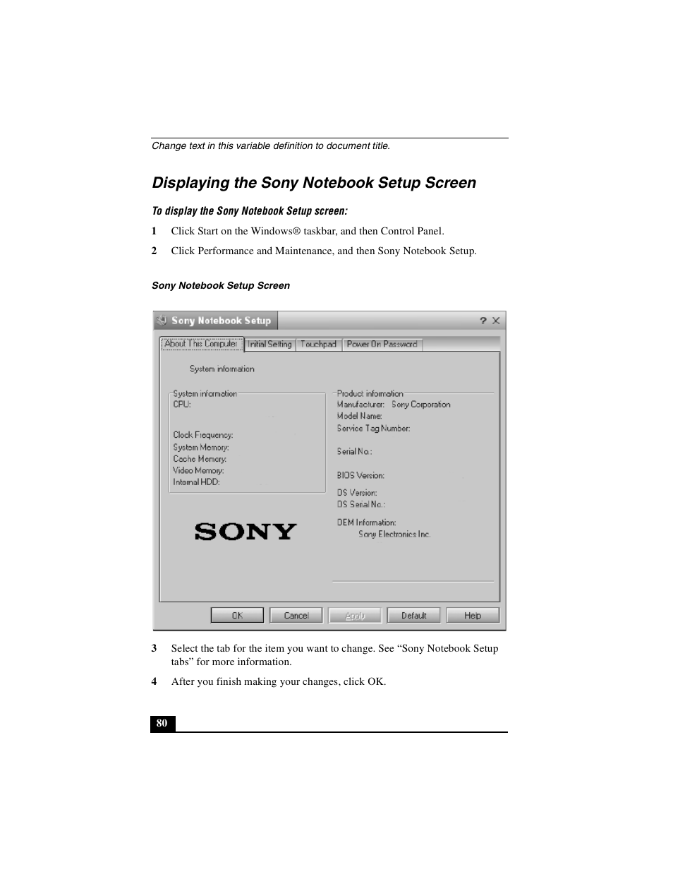 Displaying the sony notebook setup screen | Sony PCG-R505DLP User Manual | Page 80 / 149