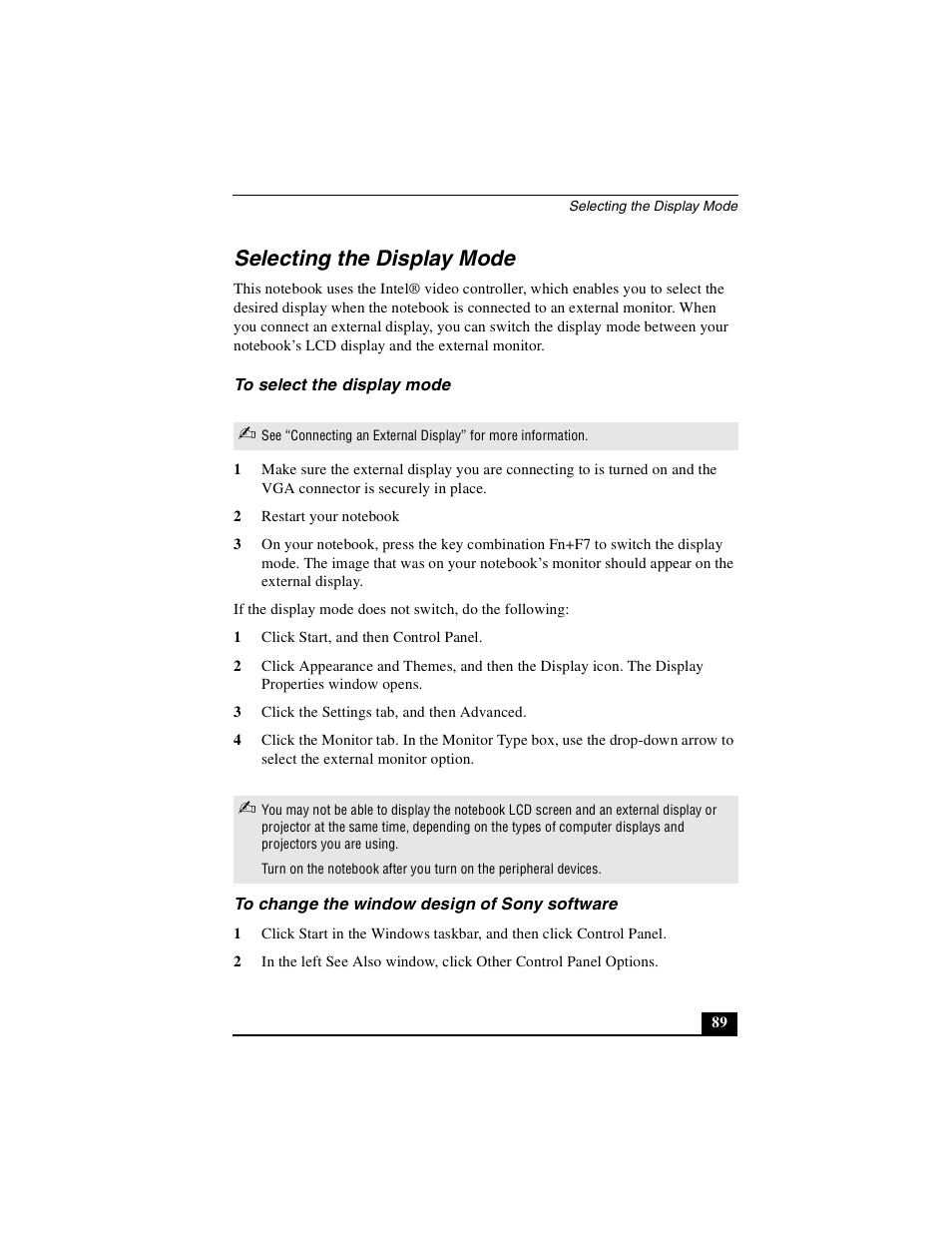 Selecting the display mode, To select the display mode, To change the window design of sony software | Sony PCG-R505DLP User Manual | Page 89 / 149