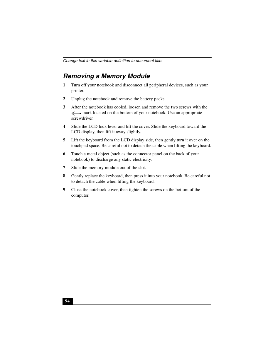 Removing a memory module | Sony PCG-R505DLP User Manual | Page 94 / 149