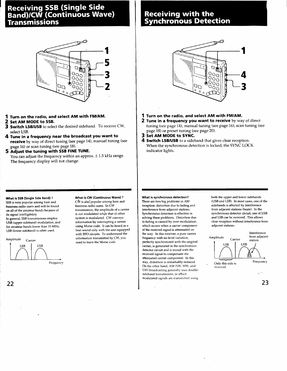 1 turn on the radio, and select am with fm/am, 2 set am mode to ssb, 5 adjust the tuning with ssb fine tune | Turn on the radio, and select am with fm/am, Set am mode to sync, Receiving with the synchronous detection | Sony ICF-SW7600G User Manual | Page 12 / 80