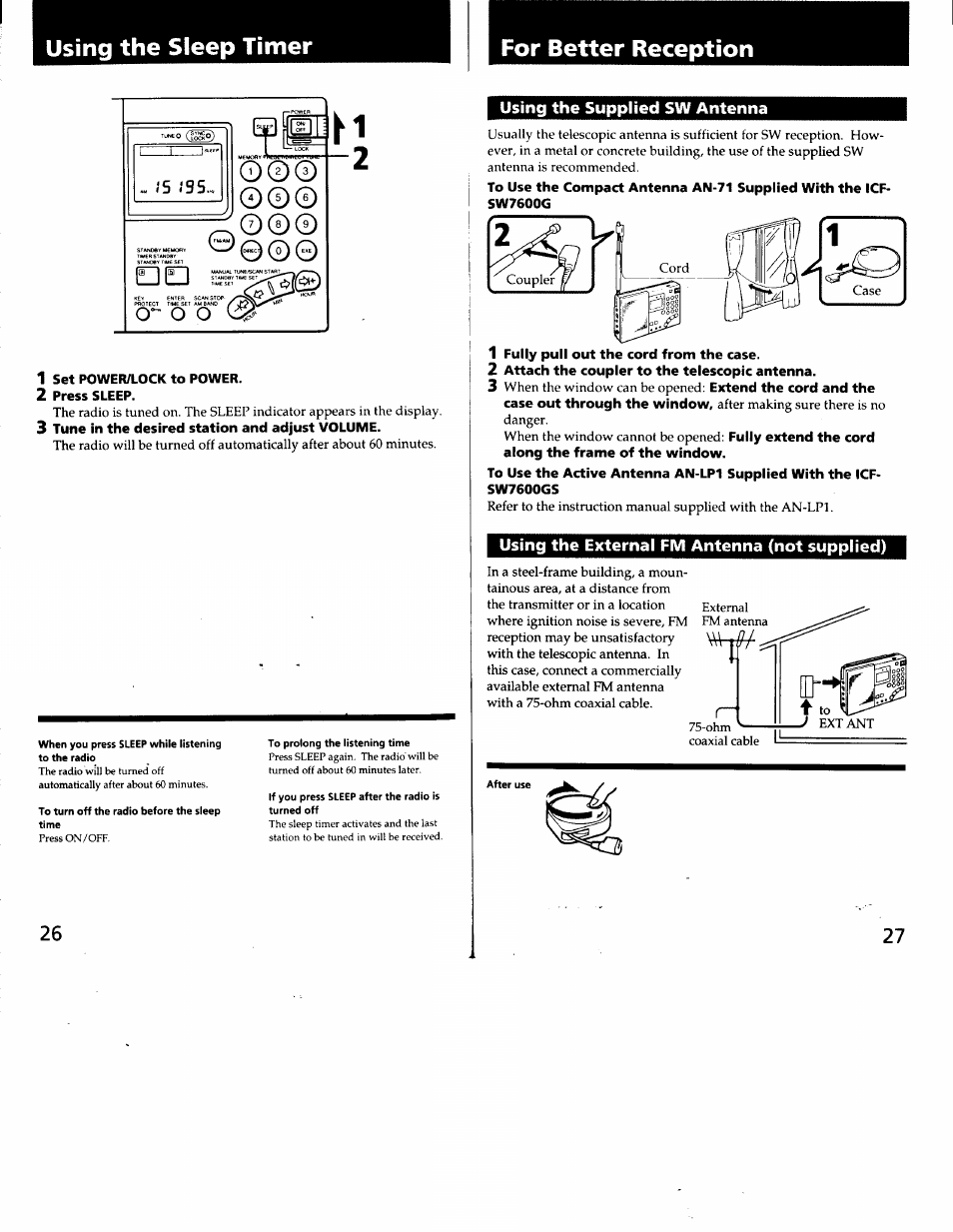 Using the sleep timer, For better reception, 1 set power/lock to power | 2 press sleep, 3 tune in the desired station and adjust volume, Using the supplied sw antenna, 1 fully pull out the cord from the case, 2 attach the coupler to the telescopic antenna, Using the external fm antenna (not supplied), Using the sleep timer for better reception | Sony ICF-SW7600G User Manual | Page 14 / 80