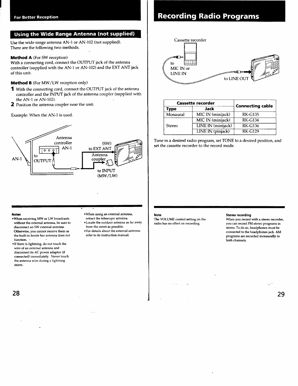 Using the wide range antenna (not supplied), Recording radio programs | Sony ICF-SW7600G User Manual | Page 15 / 80