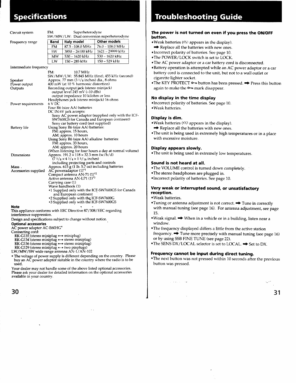 Specifications, Troubleshooting guide, Button | No display in the time display, Display is dim, Display appears slowly, Sound is not heard at all, Very weak or interrupted sound, or unsatisfactory, Reception, Frequency cannot be input during direct tuning | Sony ICF-SW7600G User Manual | Page 16 / 80