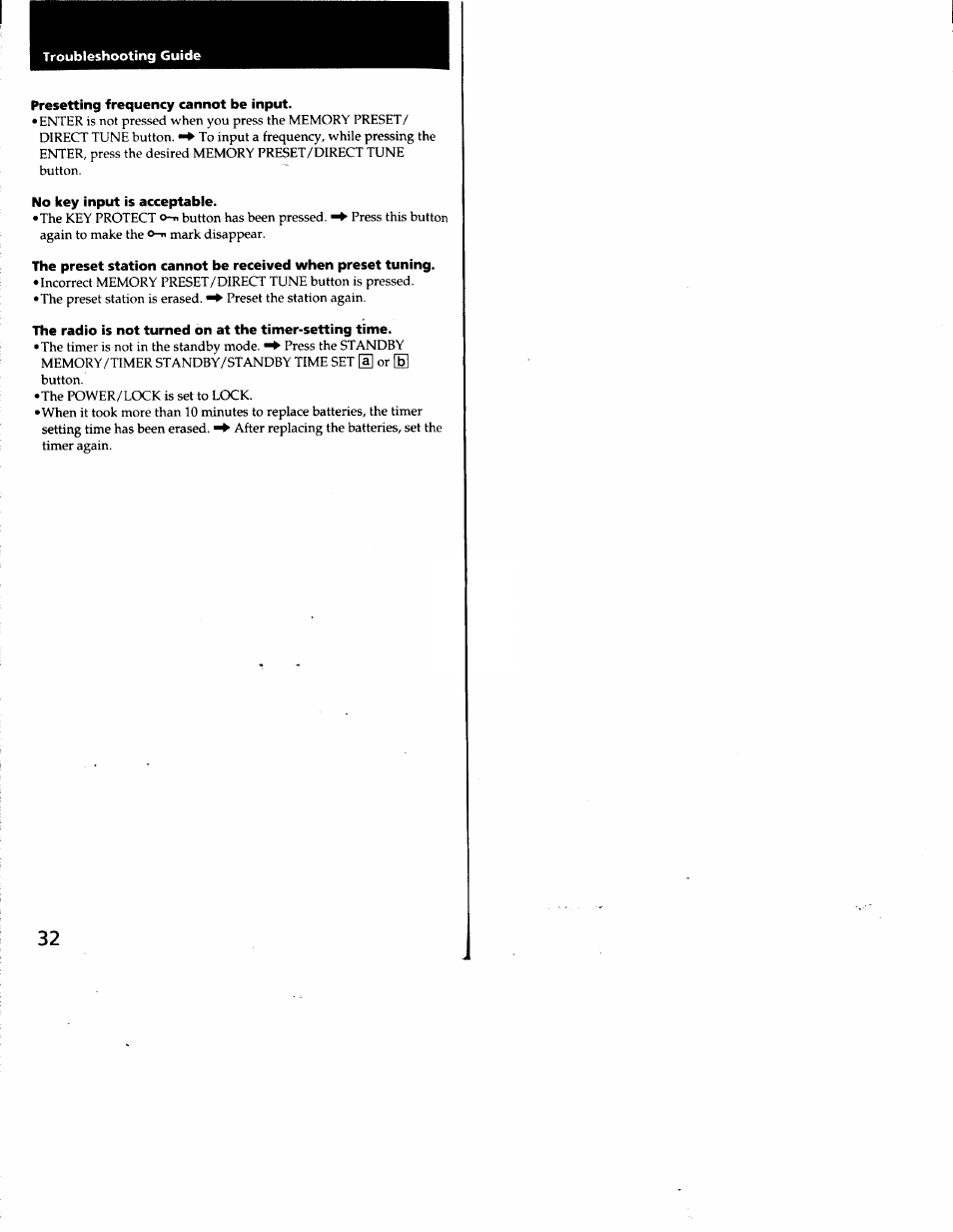 Troubleshooting guide, Presetting frequency cannot be input, No key input is acceptable | Sony ICF-SW7600G User Manual | Page 17 / 80