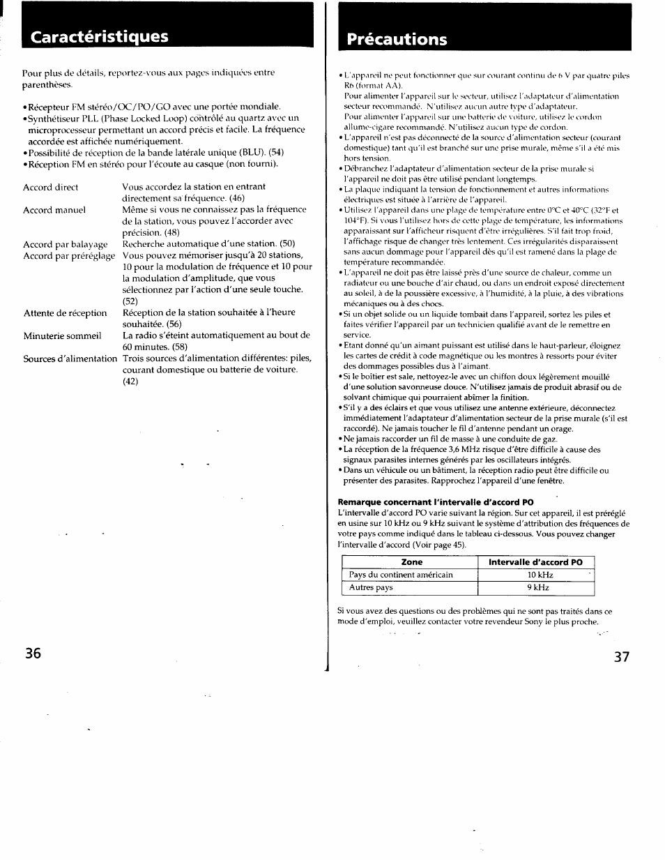 Caractéristiques, Précautions | Sony ICF-SW7600G User Manual | Page 19 / 80