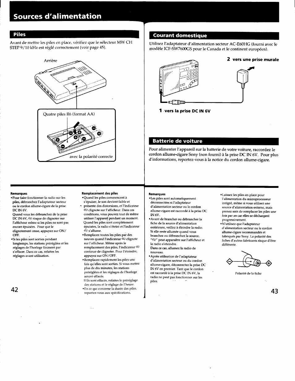 Sources d'alimentation, Courant domestique, Batterie de voiture | Courant domestique batterie de voiture | Sony ICF-SW7600G User Manual | Page 22 / 80