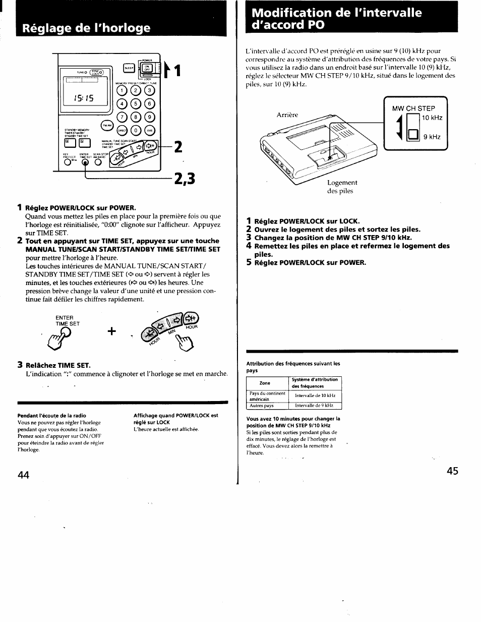 Réglez power/lock sur power, 3 relâchez time set, Modification de l'intervalle d'accord po | Réglez power/lock sur lock, Ouvrez le logement des piles et sortez les piles, Changez la position de mw ch step 9/10 khz, Réglage de l'horloge, Eel|ëh v 1 | Sony ICF-SW7600G User Manual | Page 23 / 80