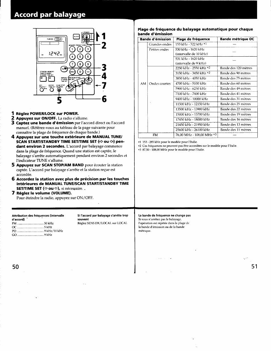 1 réglez power/lock sur power, 2 appuyez sur on/off. la radio s'allume, 7 réglez le volume (volume) | Accord par balayage | Sony ICF-SW7600G User Manual | Page 26 / 80