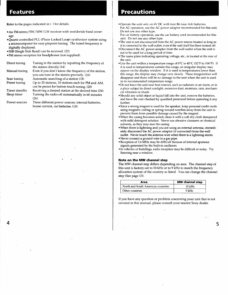 Note on the mw channel step, Features, Precautions | Sony ICF-SW7600G User Manual | Page 3 / 80