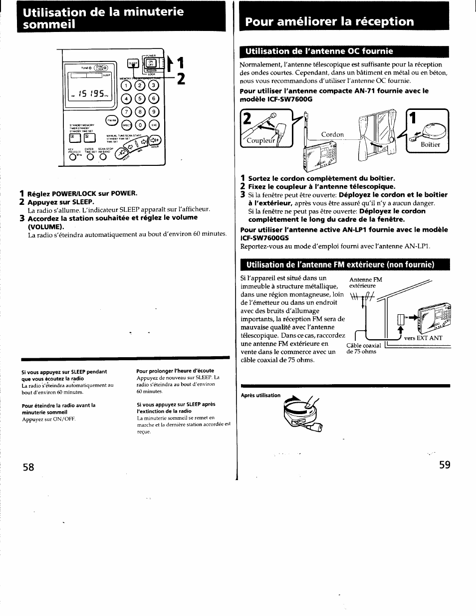 Utilisation de la minuterie sommeil, Pour améliorer la réception, Utilisation de l'antenne oc fournie | Qq o0 | Sony ICF-SW7600G User Manual | Page 30 / 80