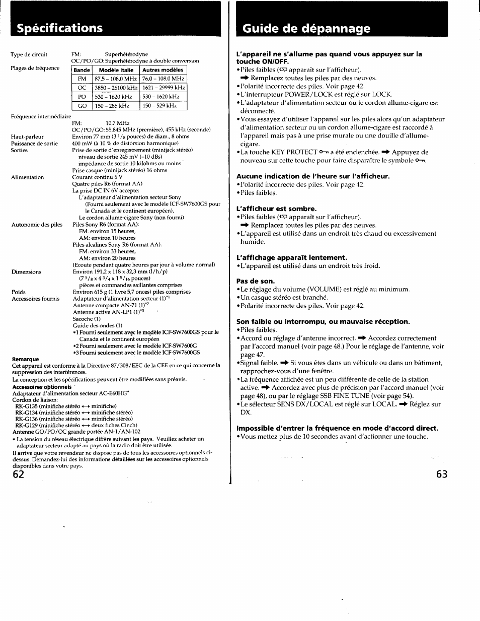 Spécifications, Guide de dépannage, Touche on/off | Aucune indication de l'heure sur l'afficheur, L'afficheur est sombre, L'affichage apparaît lentement, Pas de son, Son faible ou interrompu, ou mauvaise réception, Spécifications guide de dépannage | Sony ICF-SW7600G User Manual | Page 32 / 80