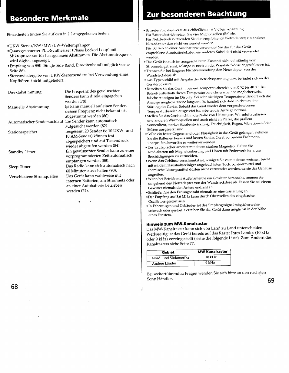 Zur besonderen beachtung, Hinweis zum mw-kanalraster, Besondere merkmale | Sony ICF-SW7600G User Manual | Page 35 / 80