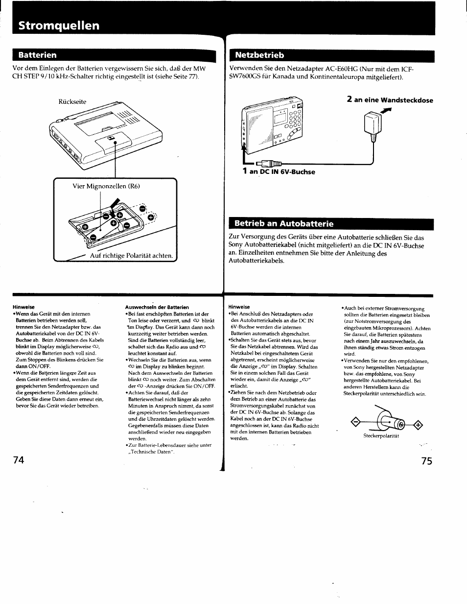 Stromquellen, Netzbetrieb, Betrieb an autobatterie | Netzbetrieb betrieb an autobatterie, Batterien | Sony ICF-SW7600G User Manual | Page 38 / 80