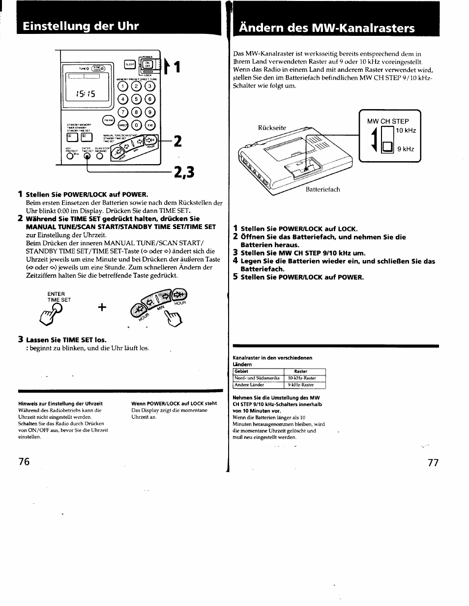 Ändern des mw-kanalrasters, Einstellung der uhr | Sony ICF-SW7600G User Manual | Page 39 / 80