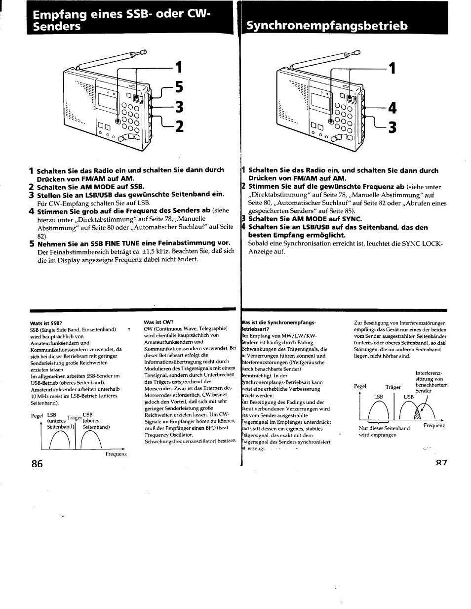 Empfang eines ssb- oder cw- senders, Synchronempfangsbetrieb, 2 schalten sie am mode auf ssb | 3 schalten sie am mode auf sync | Sony ICF-SW7600G User Manual | Page 44 / 80